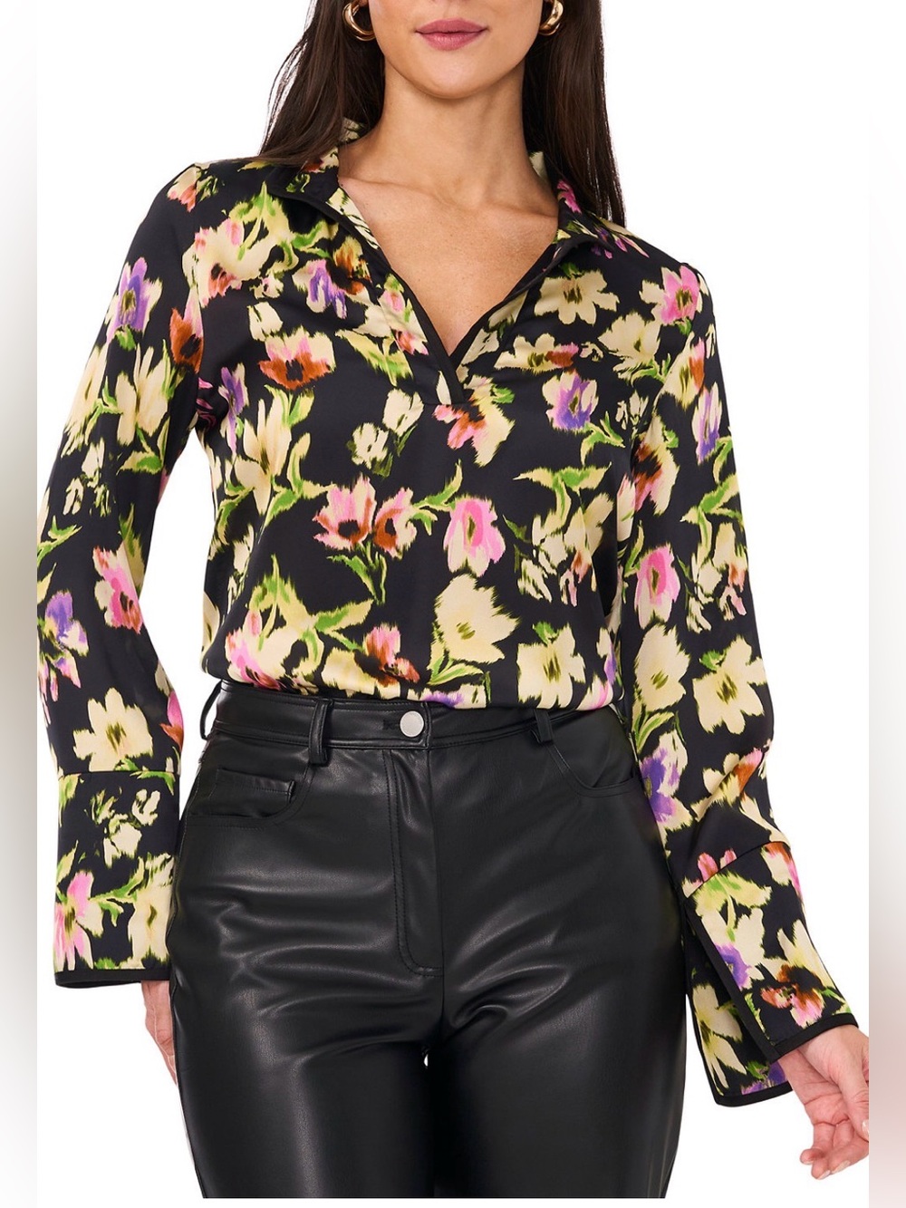 Vince Camuto Black Floral V-Neck Long-Sleeve Blouse Paradise Chic